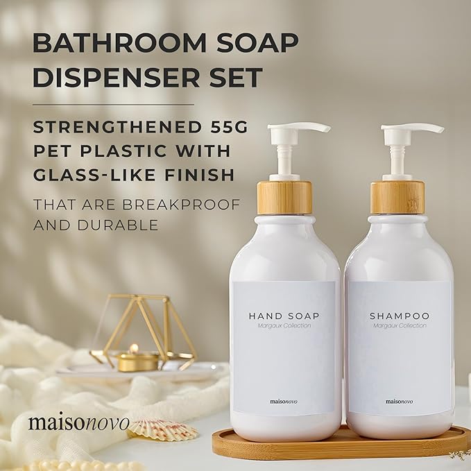 Maisonovo Plastic Soap Dispenser Set | Hand Soap and Dish Soap Dispenser Set | 16.9oz Amber Bottles with Black Bamboo Pump | Bathroom Lotion Dispenser with Pump Set of 2