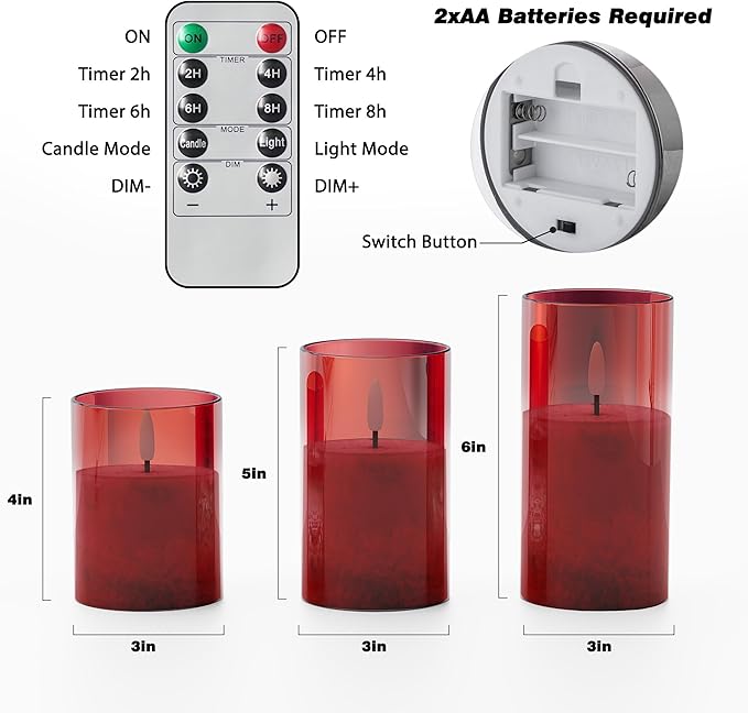 Ice Crystal Real Wax Glass Flameless Candles with Remote & Timer, Battery Operated Candles with Warm Flickering Flame, Realistic LED Candle for Wedding Home Decor [D3×H4/5"/6"] Red, 3Pack