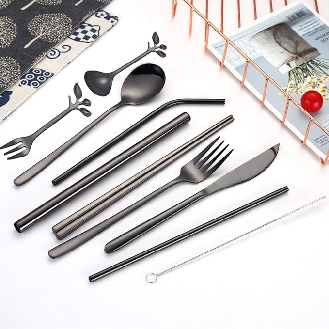 Travel Utensils Set with Case Reusable Stainless Steel Silverware Flatware Set 9 Pcs Portable Cutlery Eating Utensils Set for Lunch Boxes Workplace Camping School, Dishwasher Safe (Black)