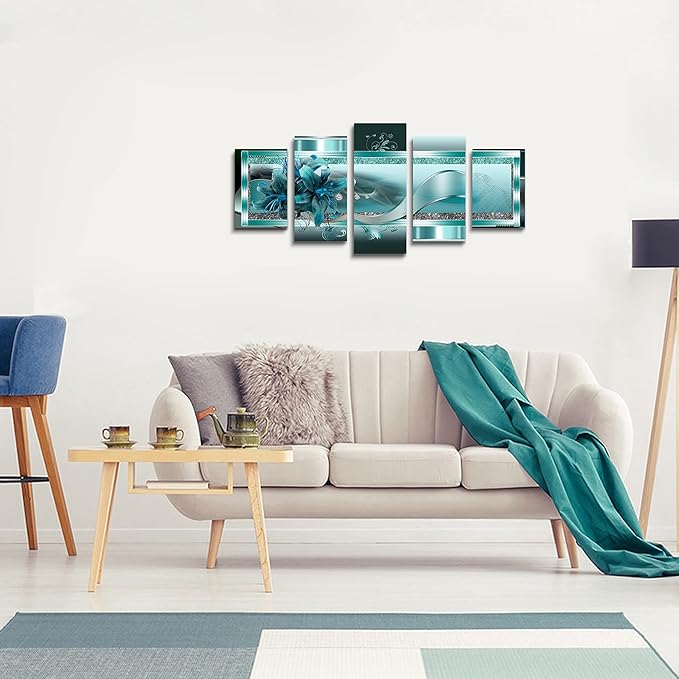 LUDUHU Turquoise Orchid Flowers Canvas Print - Abstract Green Floral Poster, Blue Wall Art Painting Decor for Home Decoration Artwork Picture Bedroom Green Floral (A,Oversize 60x30inch)