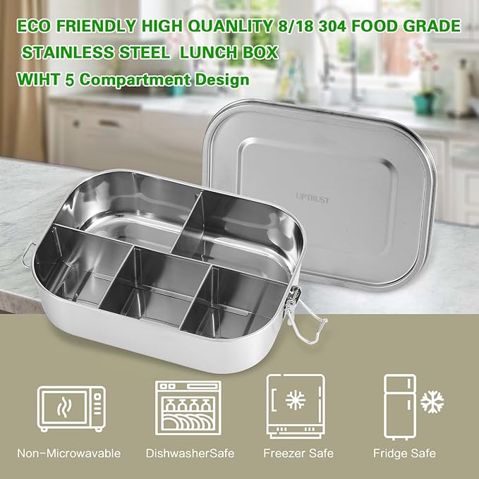 UPTRUST Stainless Steel Bento Lunch Food Box Container, 5-Compartment Large 1400ML Metal Bento Lunch Box Container for Kids or Adults with Lockable Clips to Leak Proof