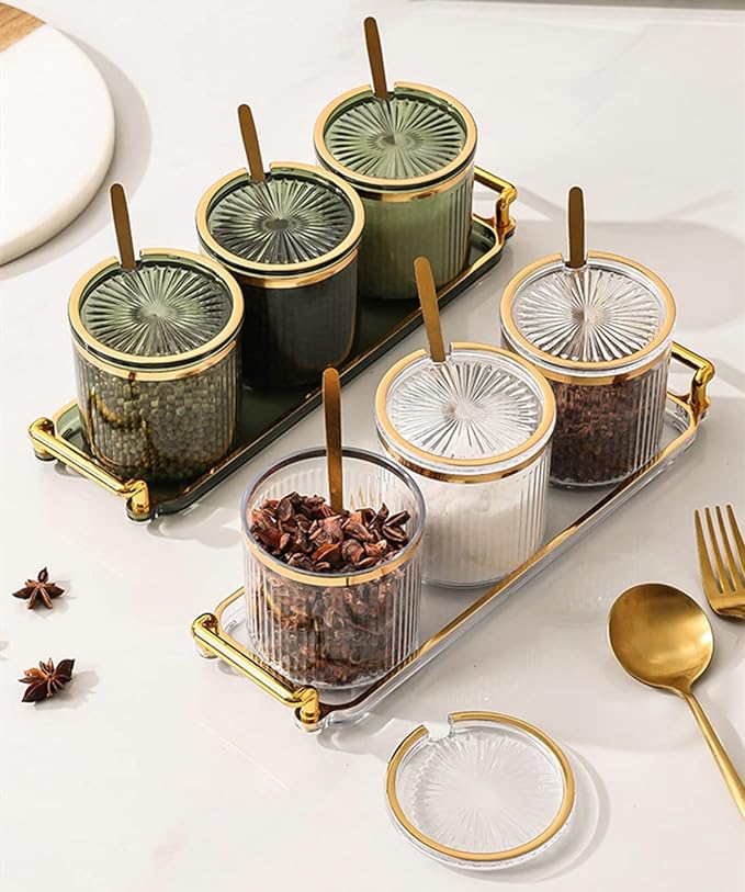 Acrylic Condiment Spice Jars,Condiment Spice Box With Lids and Spoons and Tray,Clear Plastic Sugar Salt Canisters,Seasoning Box 3 Pack,Seasoning Box Set for Kitchen to Storage Salt,Paprika,Sugar