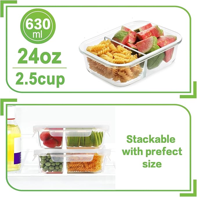 HOMBERKING 10 Pack 24oz Glass Meal Prep Containers 2 Compartment, Food Storage Containers with Lids, Airtight Lunch Bento Boxes (10 lids & 10 Containers) - White