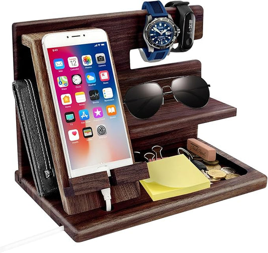 Gifts for Men Christmas, Wood Phone Docking Station, Mens Gifts for Birthday or Gifts for Dad Fathers Day, Desk Workspace Organizer Nightstand Organizer Key for Wallet & Watch Holder Husband Christmas