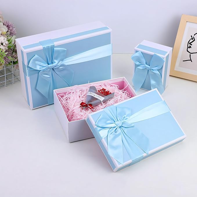 Airuisike Gift Boxes With Lids, Set of 3 Blue Gift Boxes For Presents, Elegant Present Boxes For Gifts, Assorted Gift Wrap Boxes