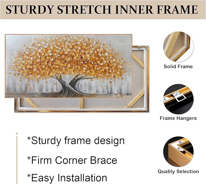 Gold Tree of Life Canvas Wall Art, Modern Abstract Textured Painting, Large Framed Panoramic Landscape Artwork for Living Room, Bedroom, Office, Home Decor 40"x20"