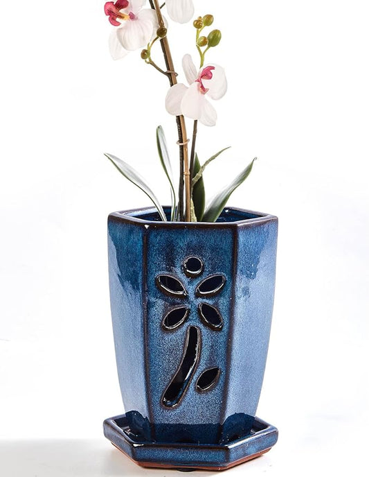 vensovo 4 Inch Ceramic Orchid Pots with Holes and Saucers - 1 Pcs Small Hexagon Succulent Pot for Repotting, Garden Flowerpots for Plants Indoor and Outdoor Promotes Air Circulation, (Blue)