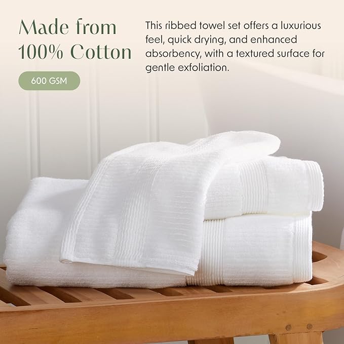 Springtree Home White Bath Towels Set of 4 | Ribbed Textured | 100% Combed Cotton | Absorbent Quick-Dry Towels for Bathroom | Oeko-TEX® Standard 100 Cotton | Mauro Collection - Bright White