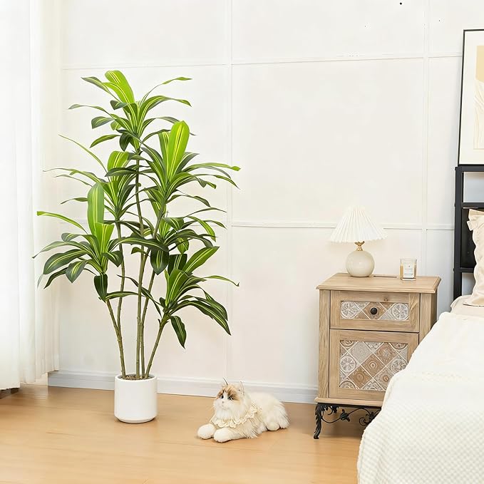 5FT Artificial Dracaena Tree, Faux Dracaena Plant with Stones in White Round Planter, Tall Fake Floor Plant for Indoor Home Office Living Room Decor