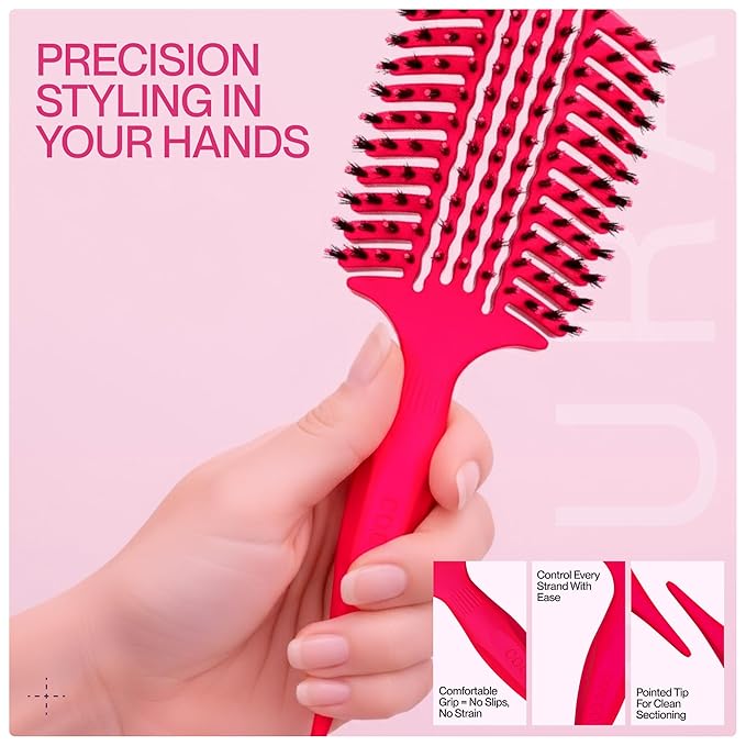 COCCO Aura Vent Boar Brush | Vented Dual-Curved Design for Faster Drying, Effortless Detangling & Shine, Boar + Nylon Bristles, Ergonomic Comfort Handle for Wet & Dry Hair Styling - Pink