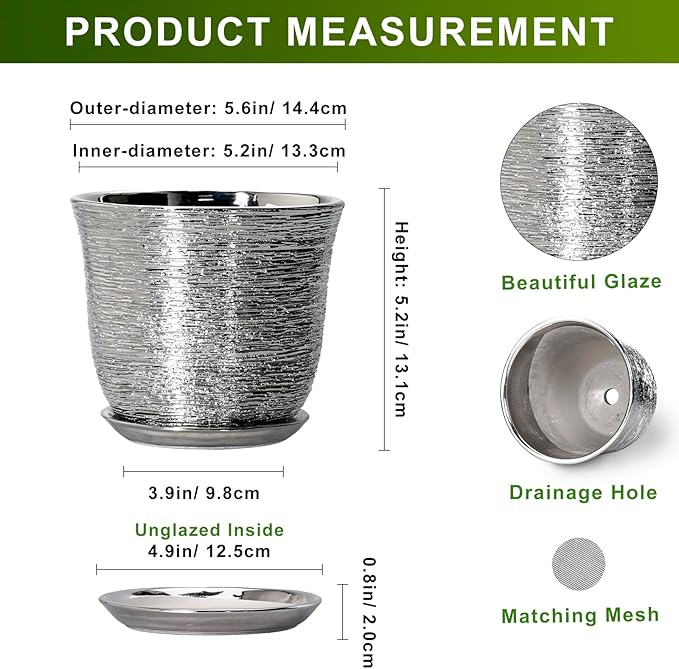 5.6 Inch Plant Pot - Ceramic Pots for Plants Indoor Outdoor, Succulent Orchid Pot with Drainage Hole and Saucer, Round Planter, Small Flower Pots, Room Decor, Gifts for Plant Lovers, Silver