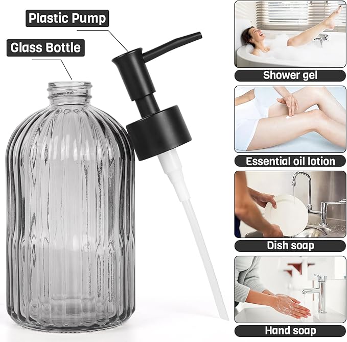 2 Pack 11oz Glass Soap Dispenser with Plastic Pump, Vertical Stripe Design Refillable Hand Soap Dispenser for Hand Wash, Bathroom and Kitchen