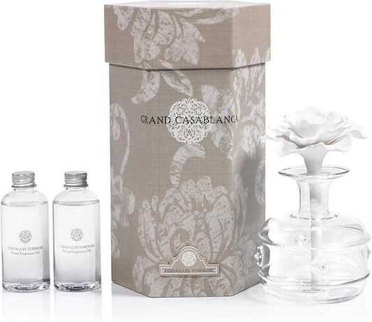 Zodax Grand Casablanca Porcelain Oil Diffuser - Home Fragrance Oil Diffuser Ideal for Living Room, Bathroom, Office - Flower Design - Gift Box Packaging Included - Versailles Tuberose - 6.76 Oz.