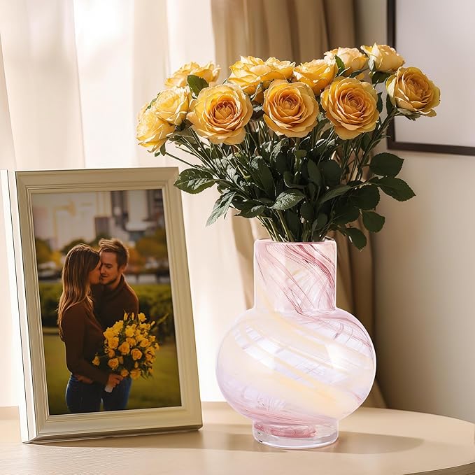 Pink Hand Blown Glass Wide Mouth vase for Home Decoration Short Round Glass vase for Living Room, Dining Table, Bookcase, TV Cabinet, Bookshelf and Office Desktop Decoration.