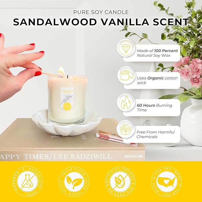 DANI Naturals Soy Candle - Sandalwood Vanilla Scented - 100% Pure Soy Wax, Kosher, Eco-Friendly, Non-Toxic, Long-Lasting Burn - 7.5 oz