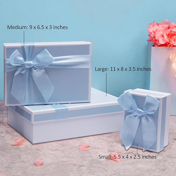 Airuisike Gift Boxes With Lids, Set of 3 Blue Gift Boxes For Presents, Elegant Present Boxes For Gifts, Assorted Gift Wrap Boxes