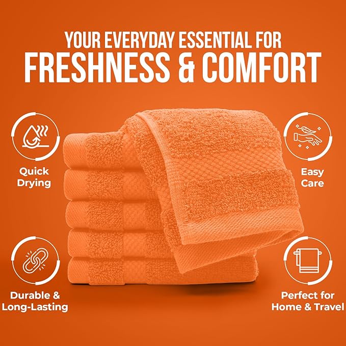 DAN RIVER 12-Pack Premium 100% Cotton Orange Face Towels – Reusable Face Towel Set, Soft & Absorbent Luxury WashCloths for Bathroom & Body – Hand and Face Towels, 550 GSM (12x12 in)
