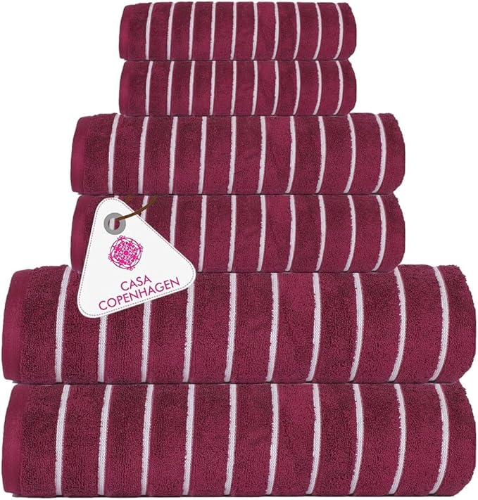 CASA COPENHAGEN Ecstatic 6 Pieces Towel Set- Burgundy, 600 GSM 2 Bath Towel 2 Hand Towel 2 Washcloth, Designed in Denmark Made of Soft Egyptian Cotton for Bathroom, Kitchen & Shower