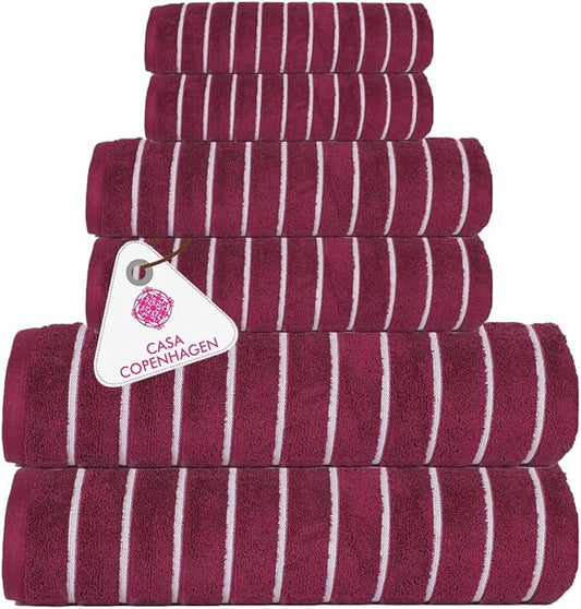 CASA COPENHAGEN Ecstatic 6 Pieces Towel Set- Burgundy, 600 GSM 2 Bath Towel 2 Hand Towel 2 Washcloth, Designed in Denmark Made of Soft Egyptian Cotton for Bathroom, Kitchen & Shower