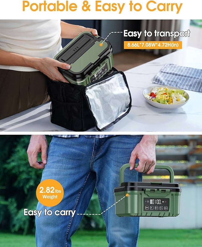 Cordless Electric Lunch Box for Adults – Battery-Powered Heated Lunch Box with 1.2L Stainless Steel Container, Timer Function, and Leak-Proof Food Warmer for Work, Travel & Office