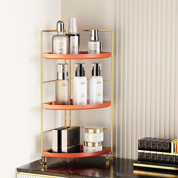 3-Tier Corner Bathroom Organizer Countertop for Storage，Counter Tray and Vanity Organizer，Plastic Counter Organizer for Kitchen, Bathroom, Dresser 10.6 inches (Gold Orange)