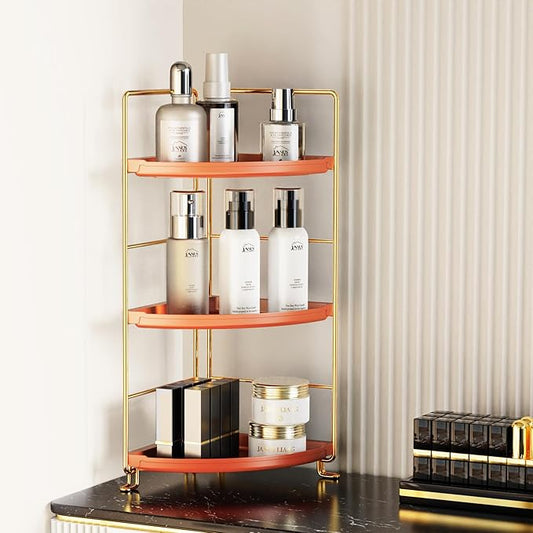 3-Tier Corner Bathroom Organizer Countertop for Storage，Counter Tray and Vanity Organizer，Plastic Counter Organizer for Kitchen, Bathroom, Dresser 10.6 inches (Gold Orange)
