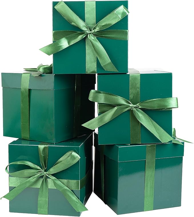 Jaywayang 5 Pack Green Gift Boxes with Lids, Ribbons and Tissue Papers Square Gift Boxes - 7.1 Inch - Christmas Presents Wrapping St. Patrick's Day Decoration Party Favor Boxes.