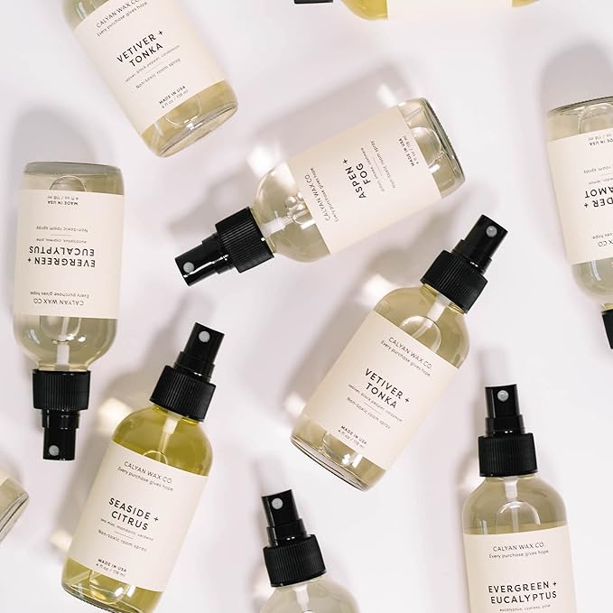 Calyan Wax Co. Non Toxic Room Spray, Evergreen + Eucalyptus Air Freshener, Non Aerosol Natural Room Mist, Aromatherapy Spray with Essential Oils, 4fl oz