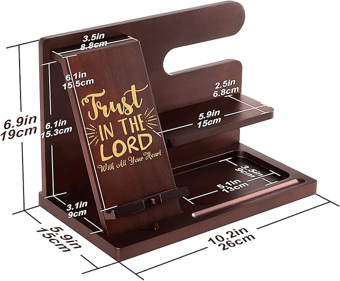 awofer Personalized Wood Phone Docking Station For Men - Trust In The Lord - Key Holder Wallet Stand Watch Organizer Men Gift Husband Boyfriend Dad Son Birthday Christmas Gifts With Bible Verse