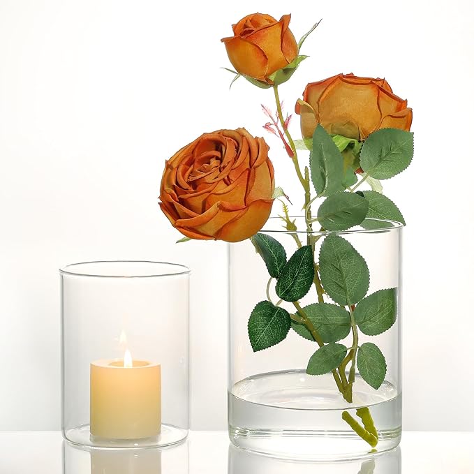 2Pcs Glass Vases for Centerpieces, Cylinder Flower Clear Vase Bulk Hurricane Candle Holder Fall Vase Filler Set with LED Light for Wedding Table Centerpieces Autumn Farmhouse Decoration