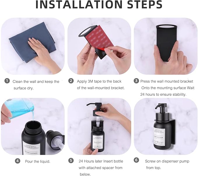 Black Soap Dispenser Wall Mount for Bathroom - 8.5 Oz Glass Hand Soap Dispenser with Pump and Drill-Free Wall Mount Holders, Shower Soap Dispenser with Waterproof Labels