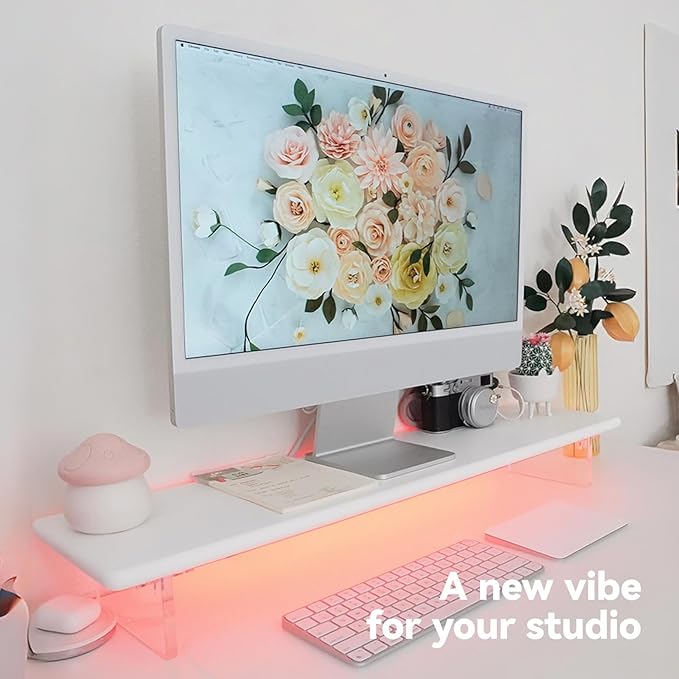 Bamboo Monitor Stand Riser with RGB Lights,31.5 Inches Desktop Shelf with Acrylic Legs Supports for Desk, PC Computer Monitor, Laptops, Printer, Speakers (White)