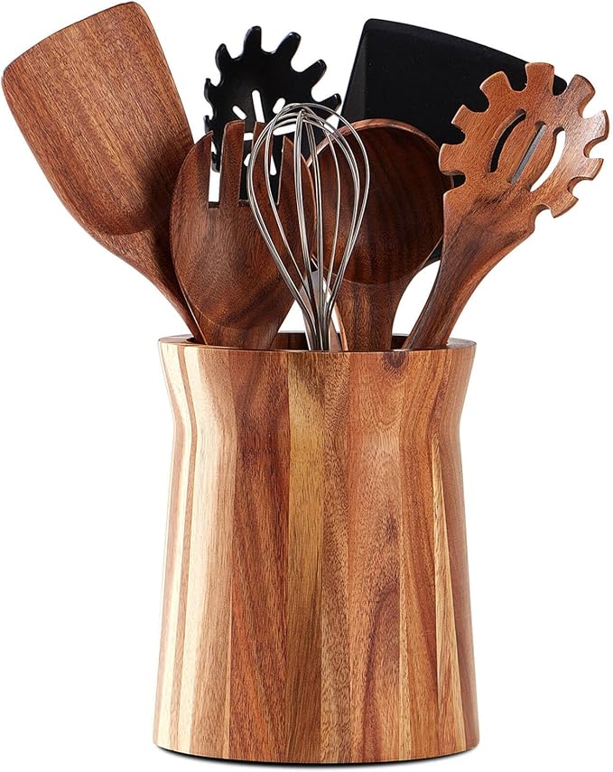 Wooden Utensil Holder for Countertop, 360° Rotating Kitchen Utensil Holder, 7.2"x 6" Large Acacia Wood Crock, Farmhouse Kitchen Decor