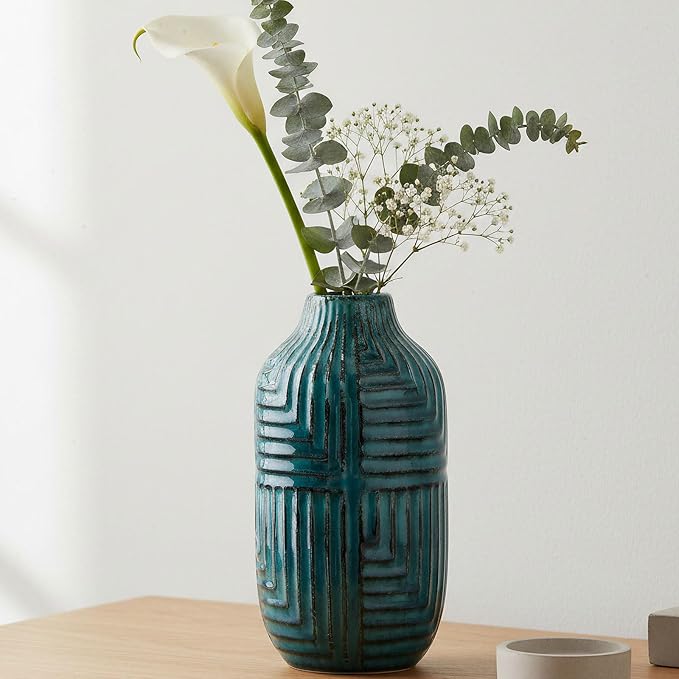 hjn Tea Ceramic Vase- Modern Decor Vases for Living Room/Bookshelf/Mantel/Home Decor Accents - Teal texture-Large-10.6" H