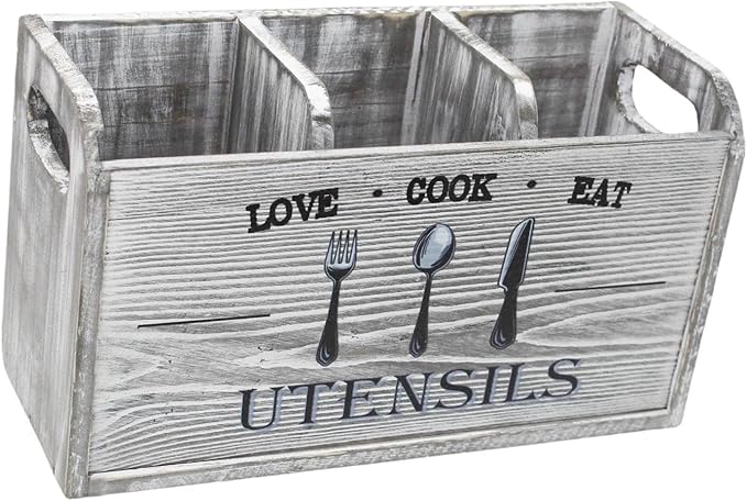 Fenteer Kitchen Utensil Holder Storage Crock Vintage Accessories Wooden Utensil Organizer Cutlery Box for Counter Hotels Restaurants, Gray