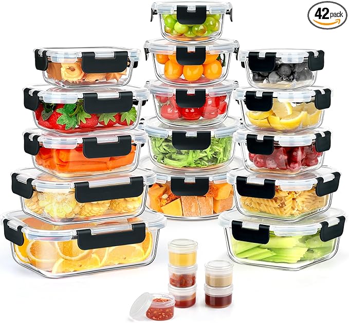 42pcs Glass Food Storage Containers with Snap Locking Lids Set, Glass Meal Prep Containers (21 Container & 21 Lids),Leak Proof Lunch Containers BPA-Free,Black