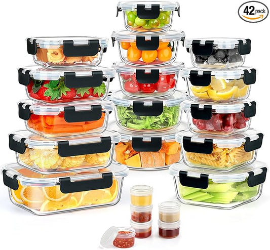 42pcs Glass Food Storage Containers with Snap Locking Lids Set, Glass Meal Prep Containers (21 Container & 21 Lids),Leak Proof Lunch Containers BPA-Free,Black