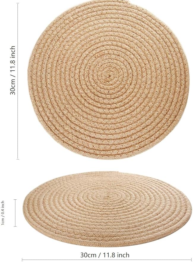Jute Woven Placemats Set of 6, Round Braided Tablemats 13.8 inch Natural Jute Plat Chargers Handmade Woven Placemats Heat Resistant Non-Slip Potholder for Table Decoration