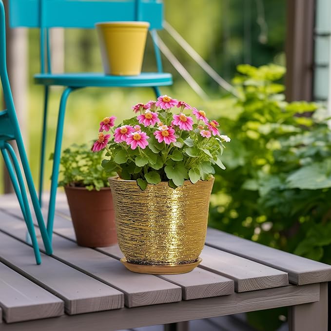 5.6 Inch Plant Pot - Ceramic Planter for Indoor Outdoor, Round Succulent Orchid Pot with Drainage Hole and Plant Saucer, Modern Decorative Planters, Living Room Decor, Gifts for Women, Gold