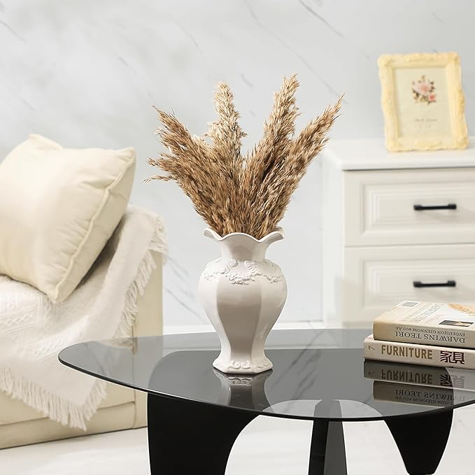 White Ceramic Vase, Decorative Vases for Modern Home Decor, Farmhouse Minimalist Decor, Boho Flower Vases for Living Room, Bedroom, Kitchen, Dining Table, Office, Wedding, 8.5 Inches