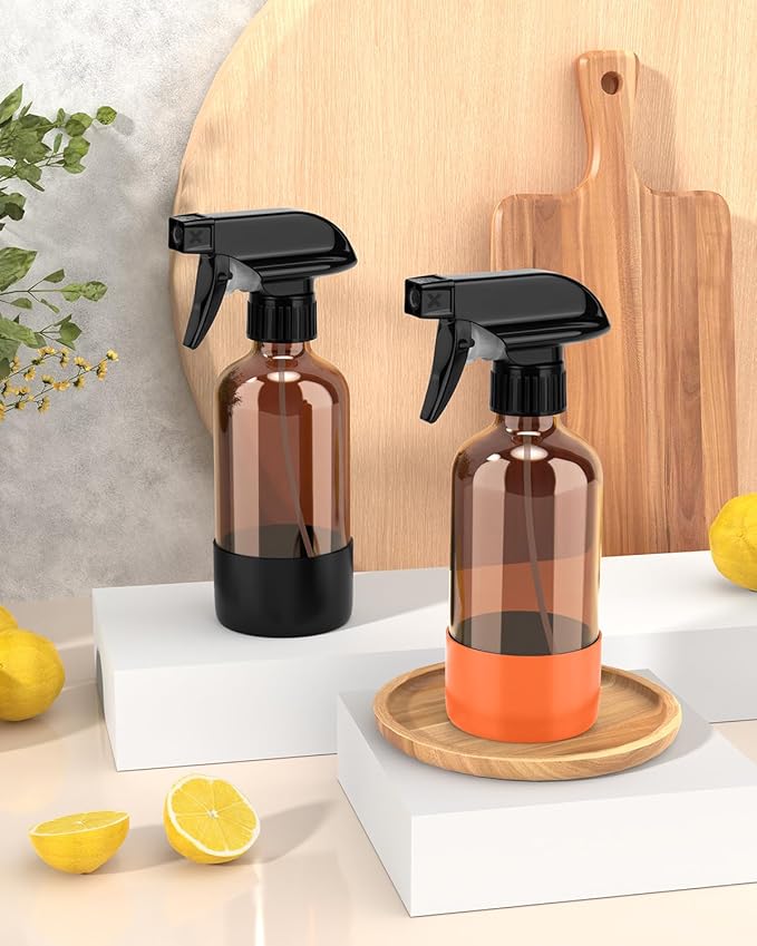 Glass Spray Bottle with Silicone Sleeve Protection, Amber Glass Spray Bottle Set for Window Cleaner Aromatherapy Facial Hydration Watering Flowers Hair Care 2 Pack/8 oz (Black & Orange)