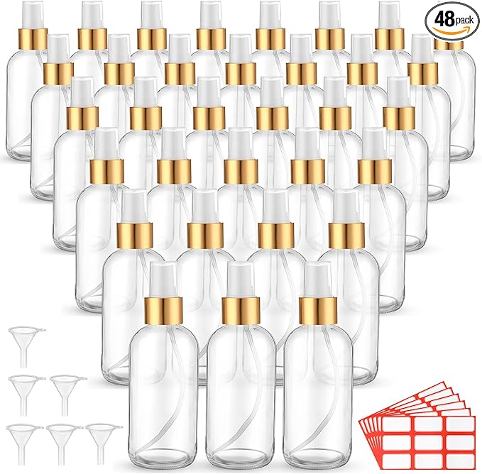 Fumete 36 Pcs Glass Spray Bottles 4oz Fine Mist Glass Spray Bottle Refillable Liquid Containers with 6 Labels 6 Funnel for Hair Travel Plants Cleaning Solutions Skin Care(Clear,Simple)