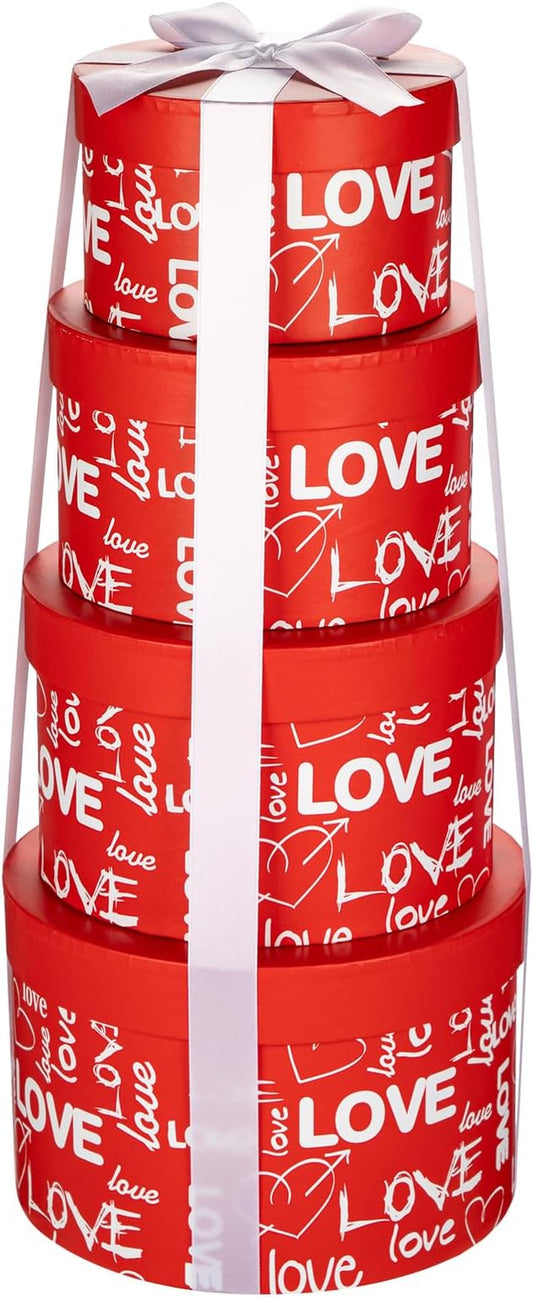 Luxury Round Nested Gift Boxes with Lids (Set of 4) – Reusable Sturdy Cardboard Gift Box Set for Birthdays, Weddings, Anniversaries, Christmas, and Valentine’s Day – Red