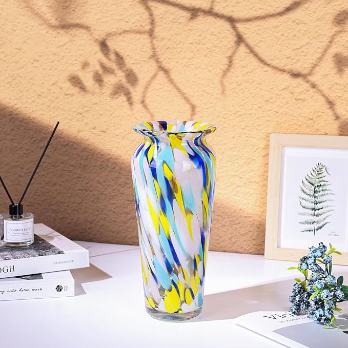 Blown Glass Colorful vase, Colorful Home Decorations, Modern Art Wide Mouth vase for Living Room Dining Coffee Table entryway TV Cabinet Bedside Table Centerpiece.