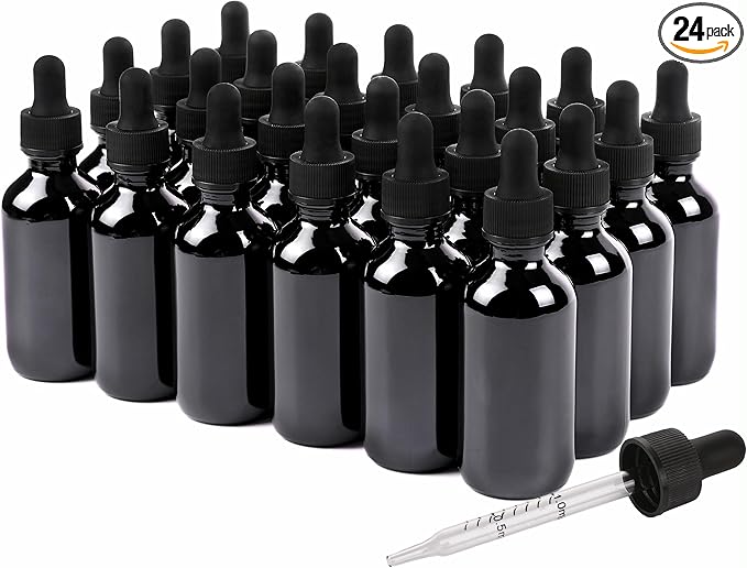 2oz Glass Dropper Bottle,Preety Texture Tincture Bottles with Precise Scales Eye Droppe,for All Kinds Of Mixed Liquids,Leak-Proof Design for Easy Travel (Black-24Pack)