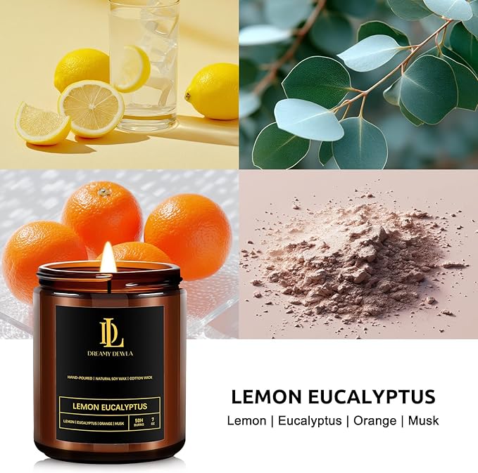 Lemon Eucalyptus Scented Candles, Soy Candle for Home Scented, Candles Gift for Women Men, 7oz with 50 Hour Burn Time