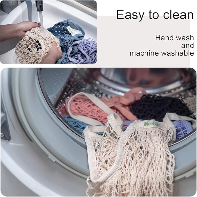 meetall Mesh Grocery Bags, Reusable Tote Bags with Sturdy Handle, Washable, Eco Friendly, Cotton String Net, for Shopping and Storage Fruit Vegetable (5 Pack, One Size, Off White/Pink/Blue/Red/Black)