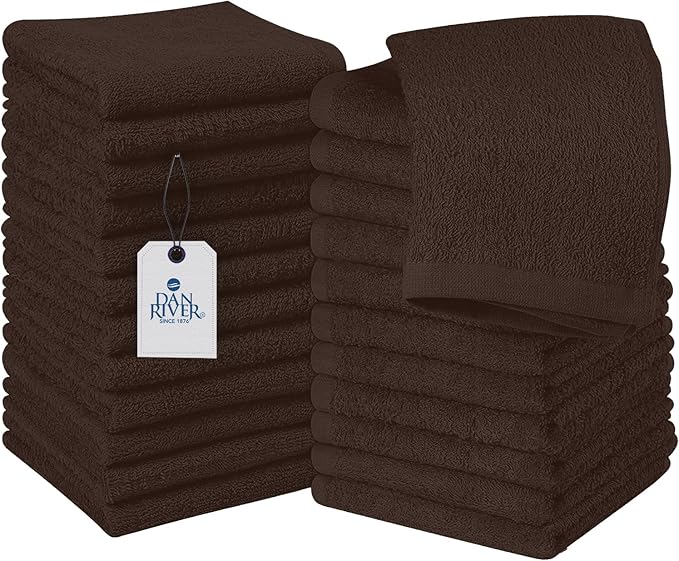 DAN RIVER 100% Cotton Wash Cloths 24 Pack [12x12] Soft & Absorbent Soft washcloths, Gym, Hotels & Spa Perfect for Everyday Use Fingertip Towels, Brown