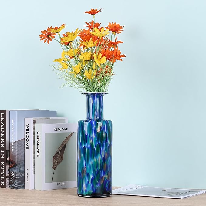 Blown glass cylindrical vase, modern art glass tall vase for home decoration table centerpiece, wedding, living room coffee table, entryway entry table top, TV cabinet decoration and ornament. (green)