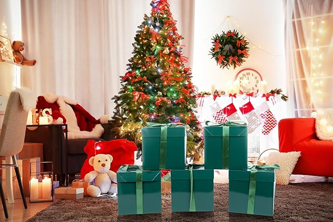 Jaywayang 5 Pack Green Gift Boxes with Lids, Ribbons and Tissue Papers Square Gift Boxes - 7.1 Inch - Christmas Presents Wrapping St. Patrick's Day Decoration Party Favor Boxes.